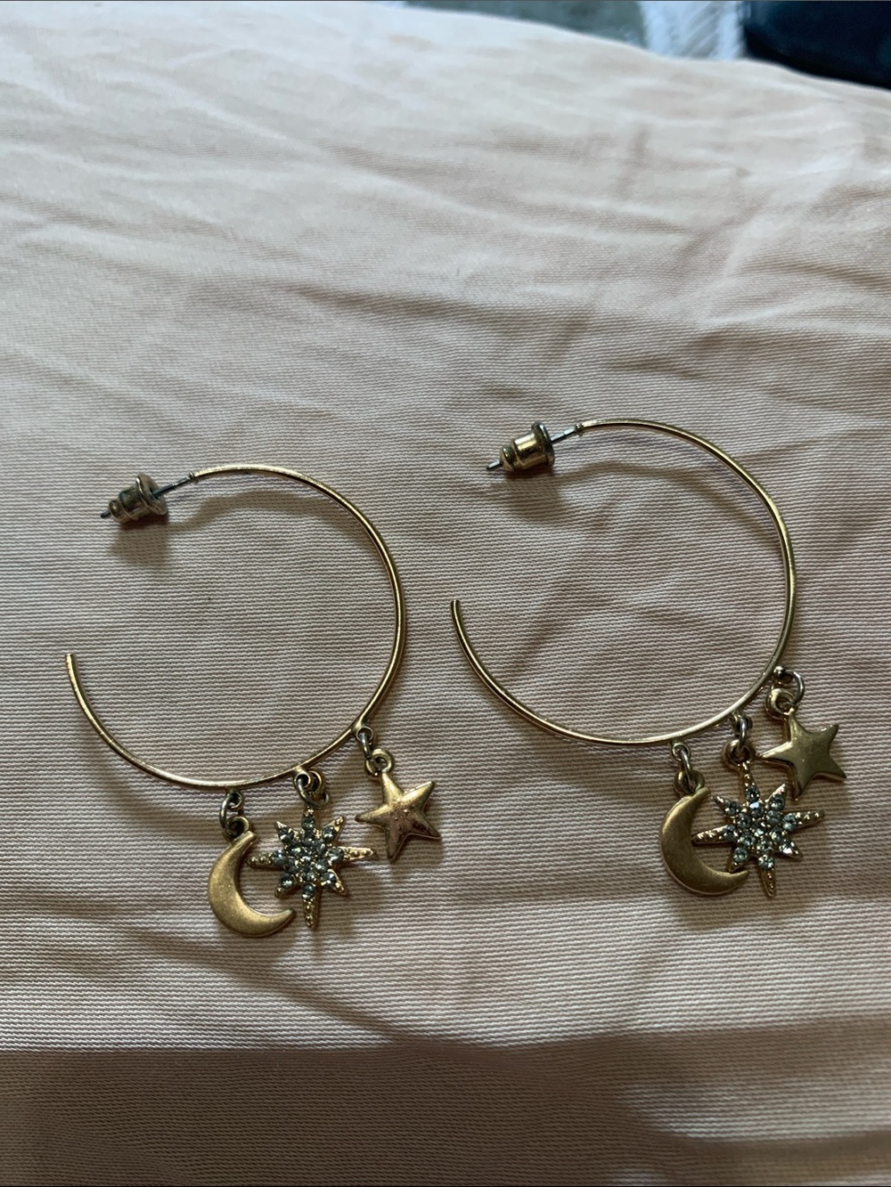 Gold Hoop Earrings with Moon, Star and Crystal Starburst Charms